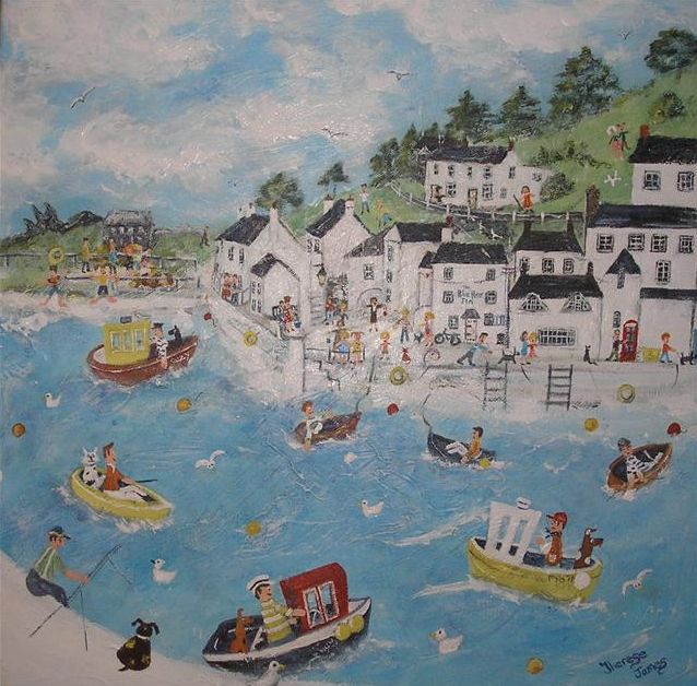 Naive art painting of coastal village with boats, people swimming, and houses along shore