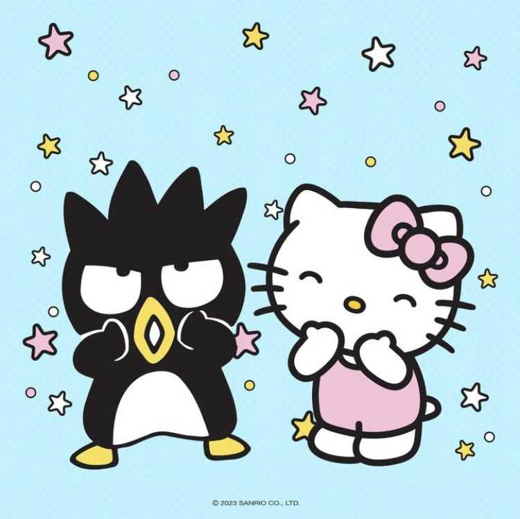 Badtz-Maru penguin and Hello Kitty cartoon characters with stars on blue background