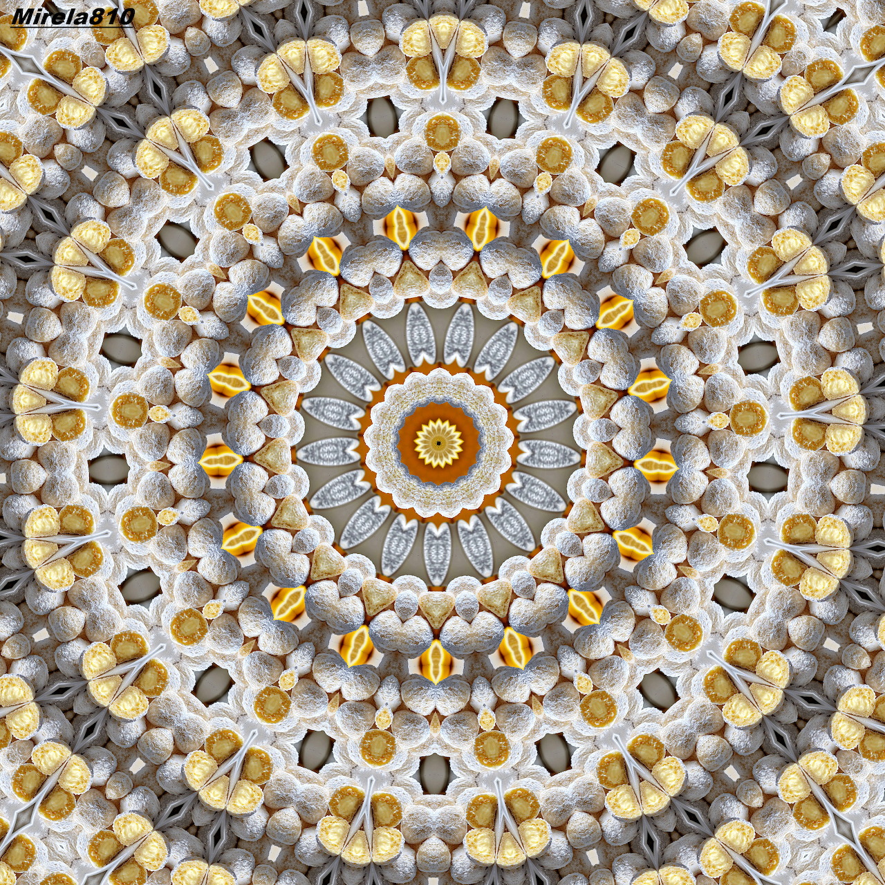 Intricate white, gray, and gold mandala with repeating radial ornamental pattern