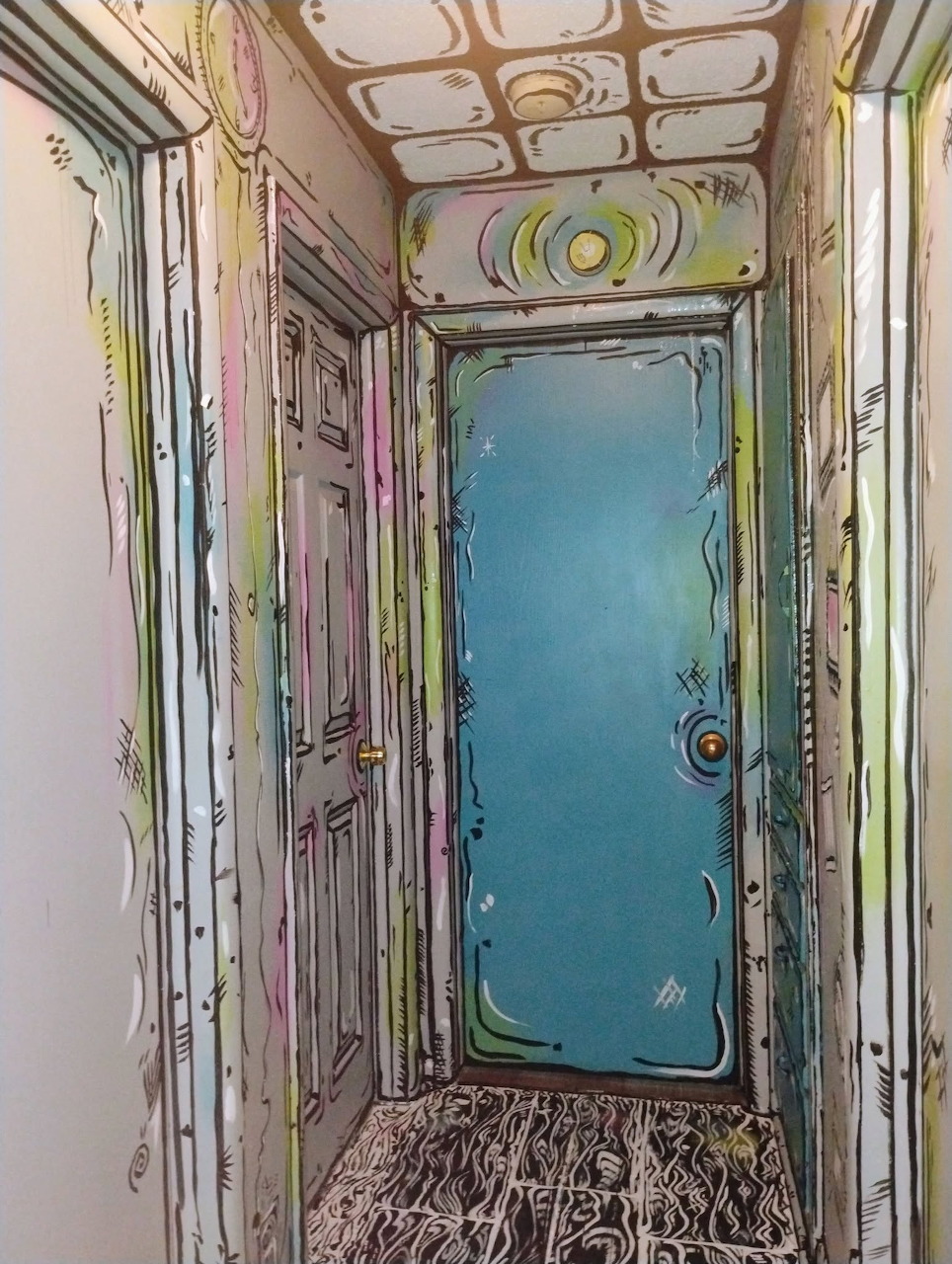 Cartoon-style hallway with teal door and decorative ceiling