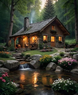 Glowing wooden cabin in foggy forest with stream and flowers at twilight