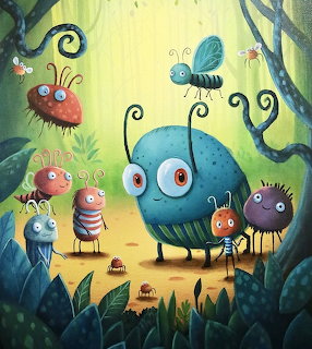 Colorful cartoon illustration of cute bugs and insects in a whimsical forest scene