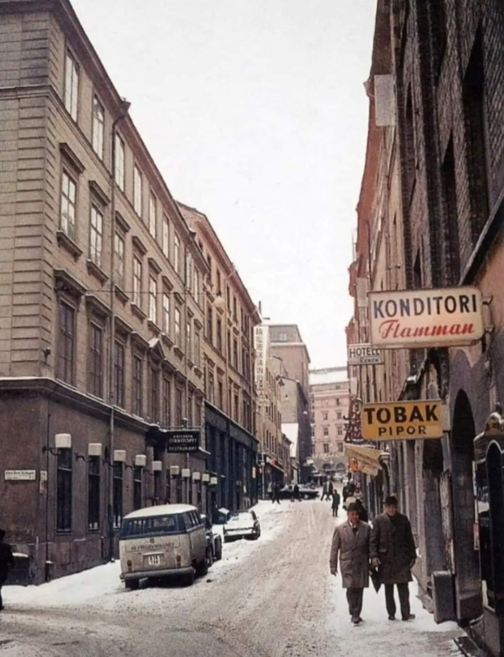 Vattugatan street in Stockholm, 1965, with old buildings and parked cars