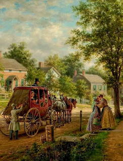 Victorian era painting showing people in period dress beside an ornate carriage with horses in a rural village