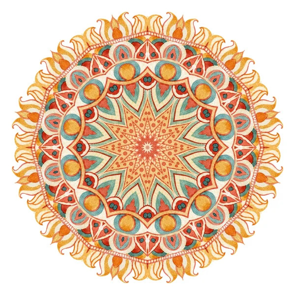 Circular mandala with intricate geometric patterns in orange, gold, and teal with ornate lotus-like outer petals