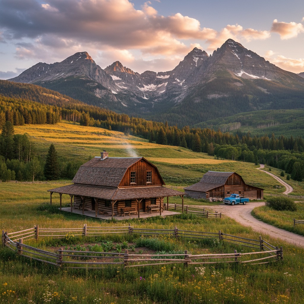 Rustic wooden barn in a grassy valley with mountains and a sunset sky
