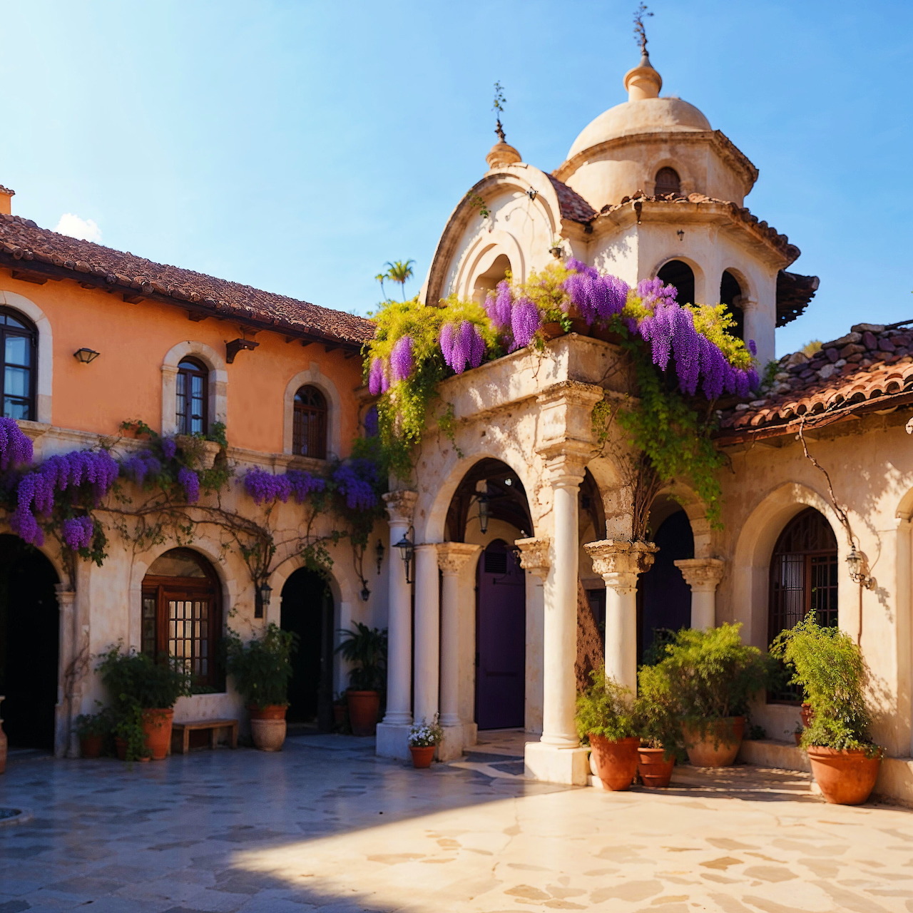 Sunlit Mediterranean courtyard with arches, columns, terracotta walls, and purple flowering vines