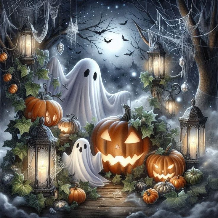 Halloween scene with cartoon ghosts, carved pumpkins, lanterns and spiderwebs in moonlit garden