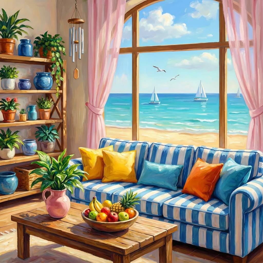 Colorful living room with ocean view through arched window, blue striped couch, plants on wooden shelf, pink curtains