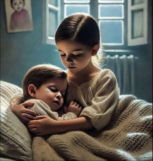 Illustration of a young girl holding a sleeping child on a bed near a window
