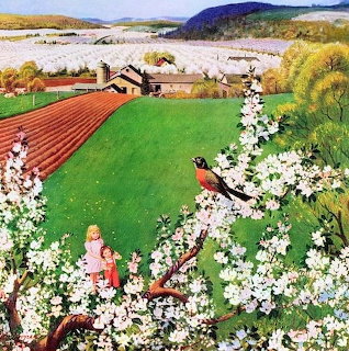 Vintage painting of flowering orchard trees, a robin on a branch, a child in a green field, and a farmhouse beyond