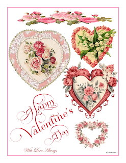 Vintage Valentine's Day illustration with ornate hearts, pink roses, and Happy Valentine's Day script text