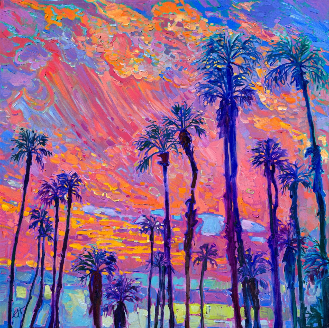 Colorful painting of palm trees against a vivid pink and orange sunset sky