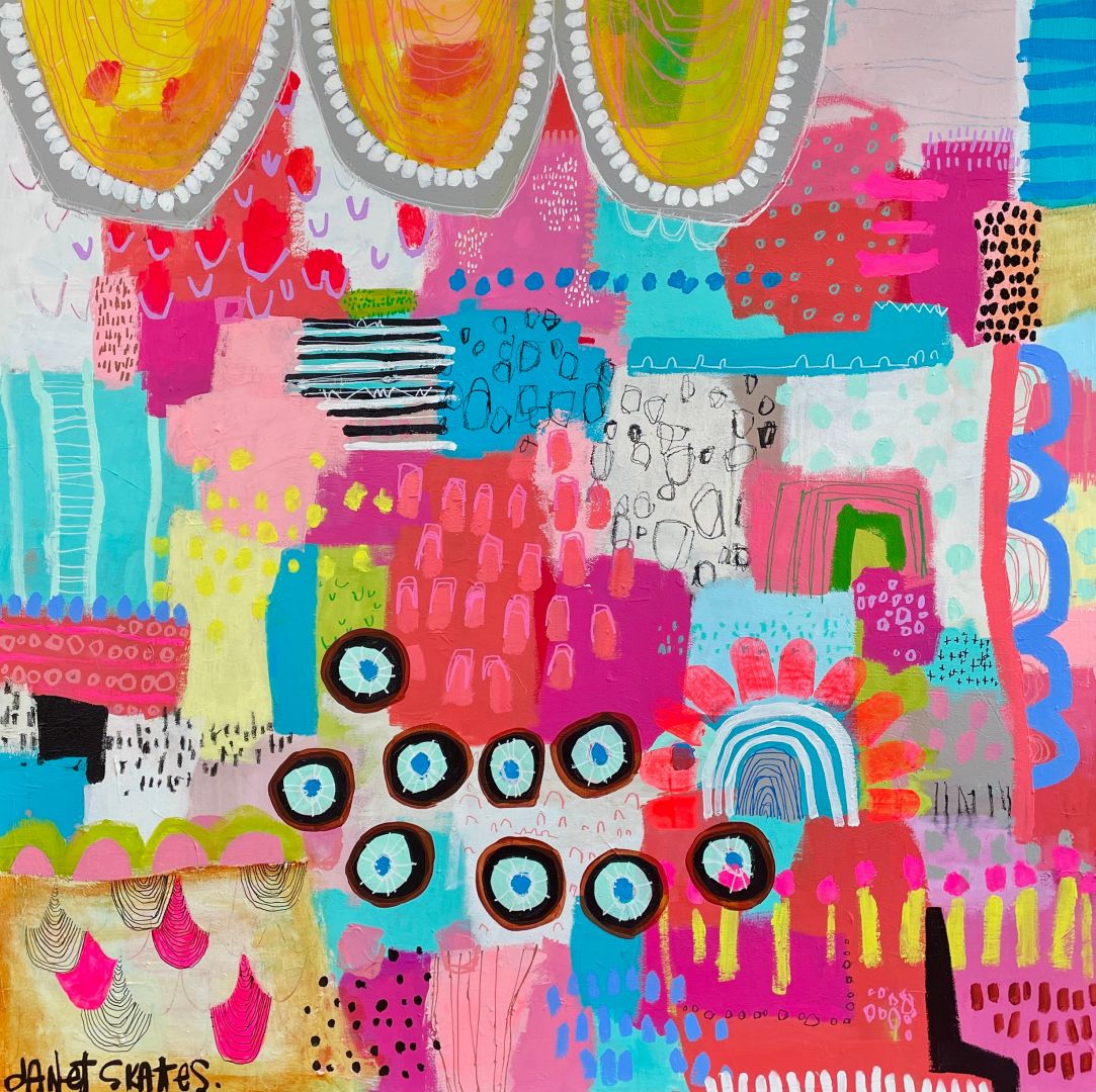 Bright abstract art with geometric shapes, circles, rainbows, and mixed patterns in vibrant colors