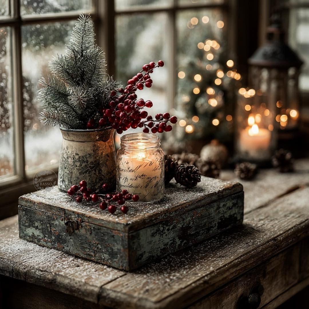 Rustic Christmas decoration with small frosted tree, lit candle, berries and pinecones by window with bokeh lights