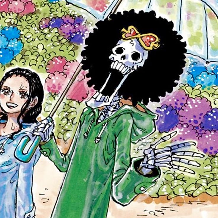 Anime skeleton character Brook with afro hair holding sword in floral garden scene