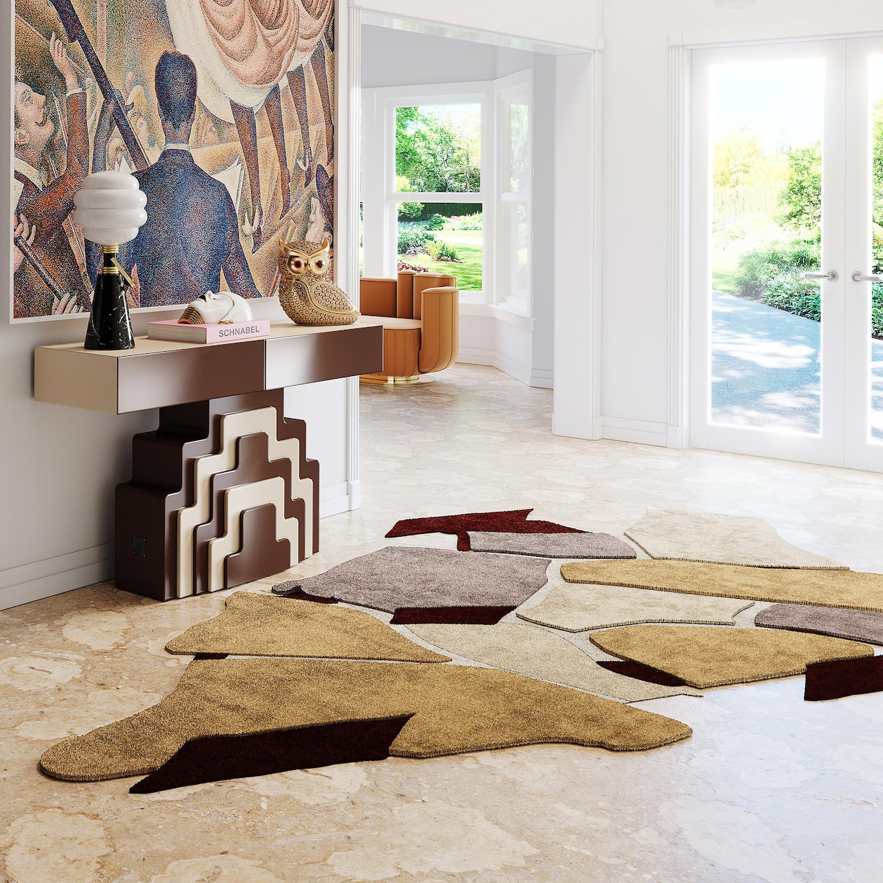 Modern interior with patchwork rug in earth tones on marble floor, decorative mural, and open French doors