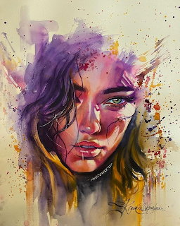 Watercolor portrait of woman with purple and orange paint splashes
