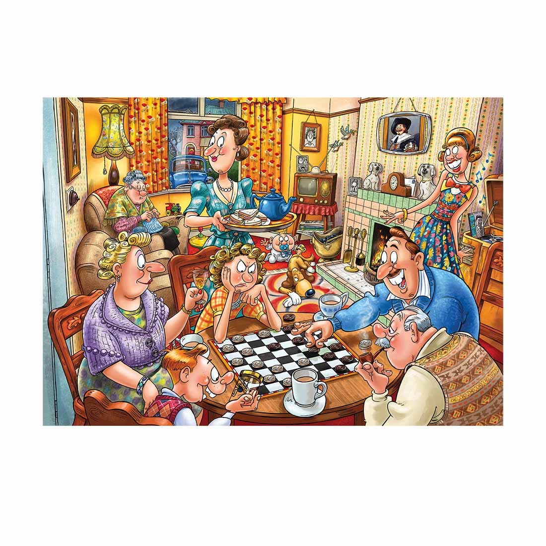 Cartoon family scene with people playing checkers, knitting, and relaxing in a warm living room