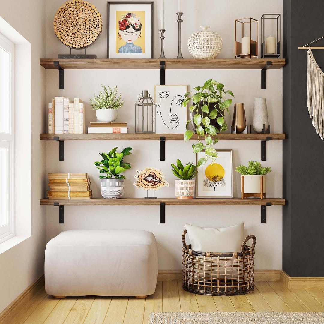 Three wooden wall shelves with plants, books, framed art, candles, and woven decor above a white ottoman