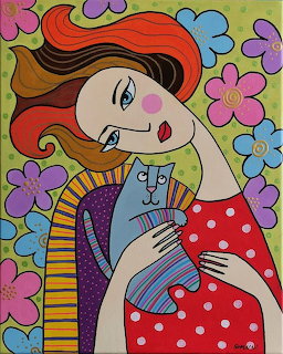 Illustration of woman with red hair embracing a cat amid colorful flowers