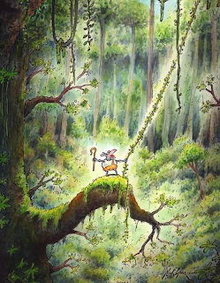 Painting of an emu on a sunlit forest path surrounded by trees and green vegetation