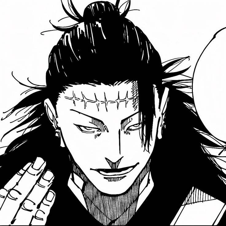 Black-and-white manga portrait of Kenjaku with facial stitches, long dark hair, and a raised hand