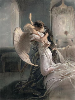 Romantic painting of a winged angel embracing a dark-haired woman on white bedsheets in a dim room
