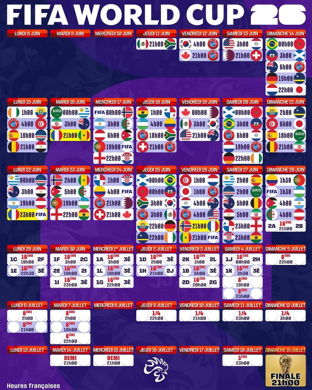 FIFA World Cup 2026 full match schedule with team flags, dates, and match times on dark background