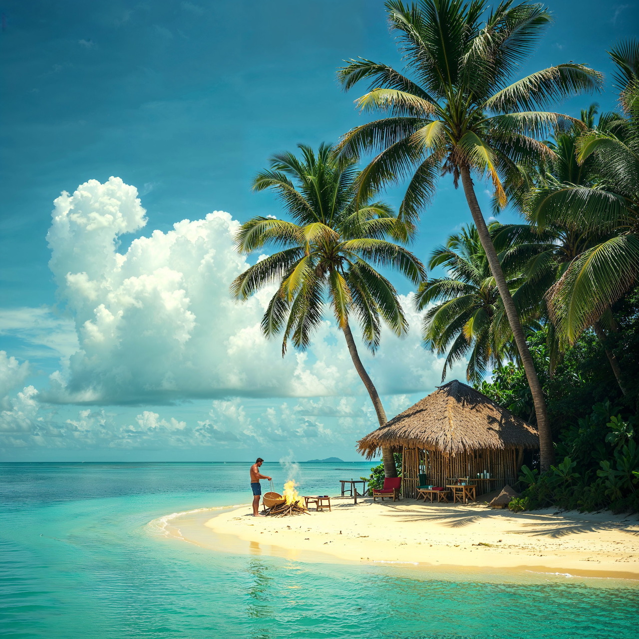 Tropical island beach with palm trees, thatched hut, calm turquoise water, and puffy white clouds
