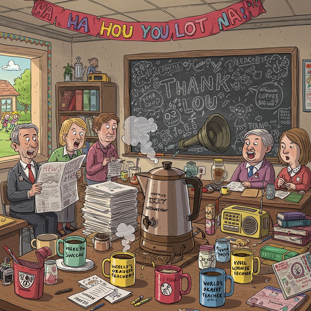 Cartoon of teachers in a cluttered staff room with coffee mugs, papers, and a thank-you chalkboard