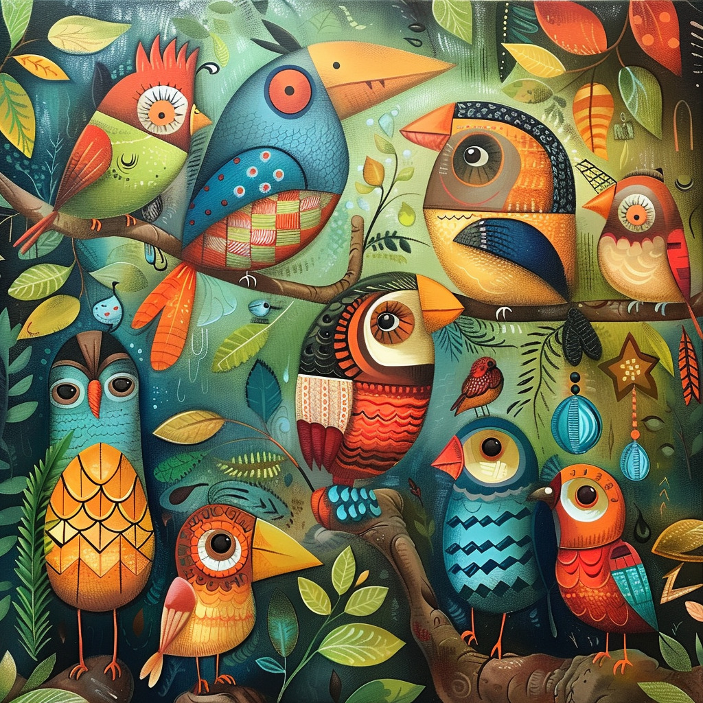 Colorful folk art illustration featuring stylized birds with geometric patterns among leaves