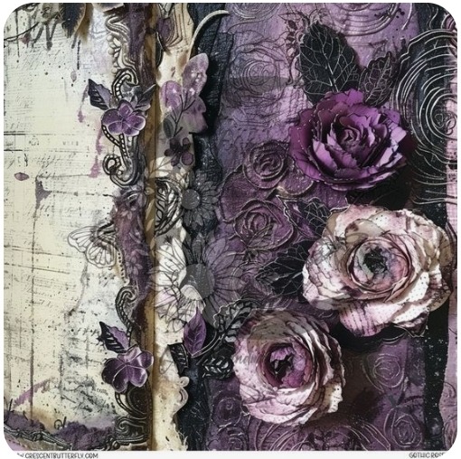 Vintage floral artwork with purple and blush roses, butterflies, and textured patterns