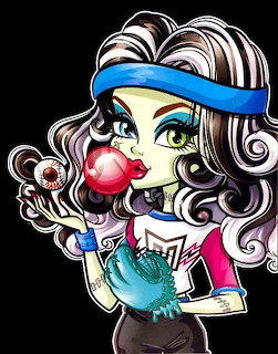 Cartoon girl with striped hair and blue headband holding pink lollipop