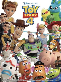 Toy Story 4 poster with Woody, Buzz Lightyear, and other toy characters grouped together
