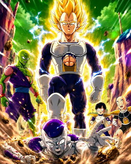 Super Saiyan Vegeta surrounded by Dragon Ball Z characters with explosive energy background