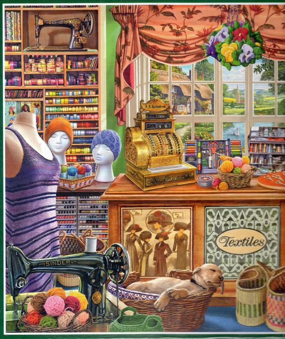 Vintage sewing shop with antique machines, colorful threads, and crafting supplies on wooden shelves