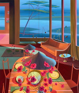 Bright illustrated interior scene with floral table setting and ocean view through windows