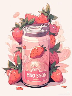 Pink strawberry soda can with strawberries and green leaves on pastel background