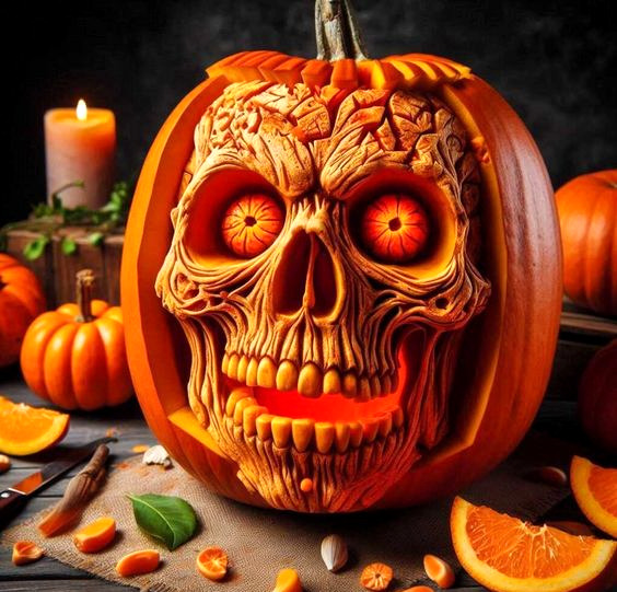 Ornate jack-o'-lantern carved with detailed skull face, lit candle and small pumpkins in background