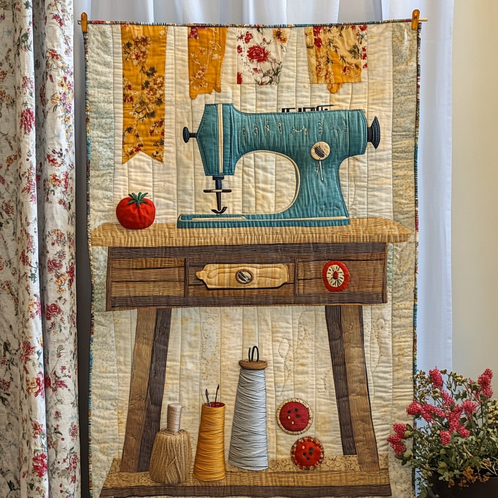 Fabric quilt art showing teal sewing machine on wooden table with thread spools and patchwork border