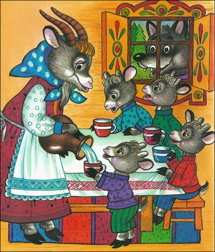 Cartoon wolf and seven young goats at a cottage door in the forest