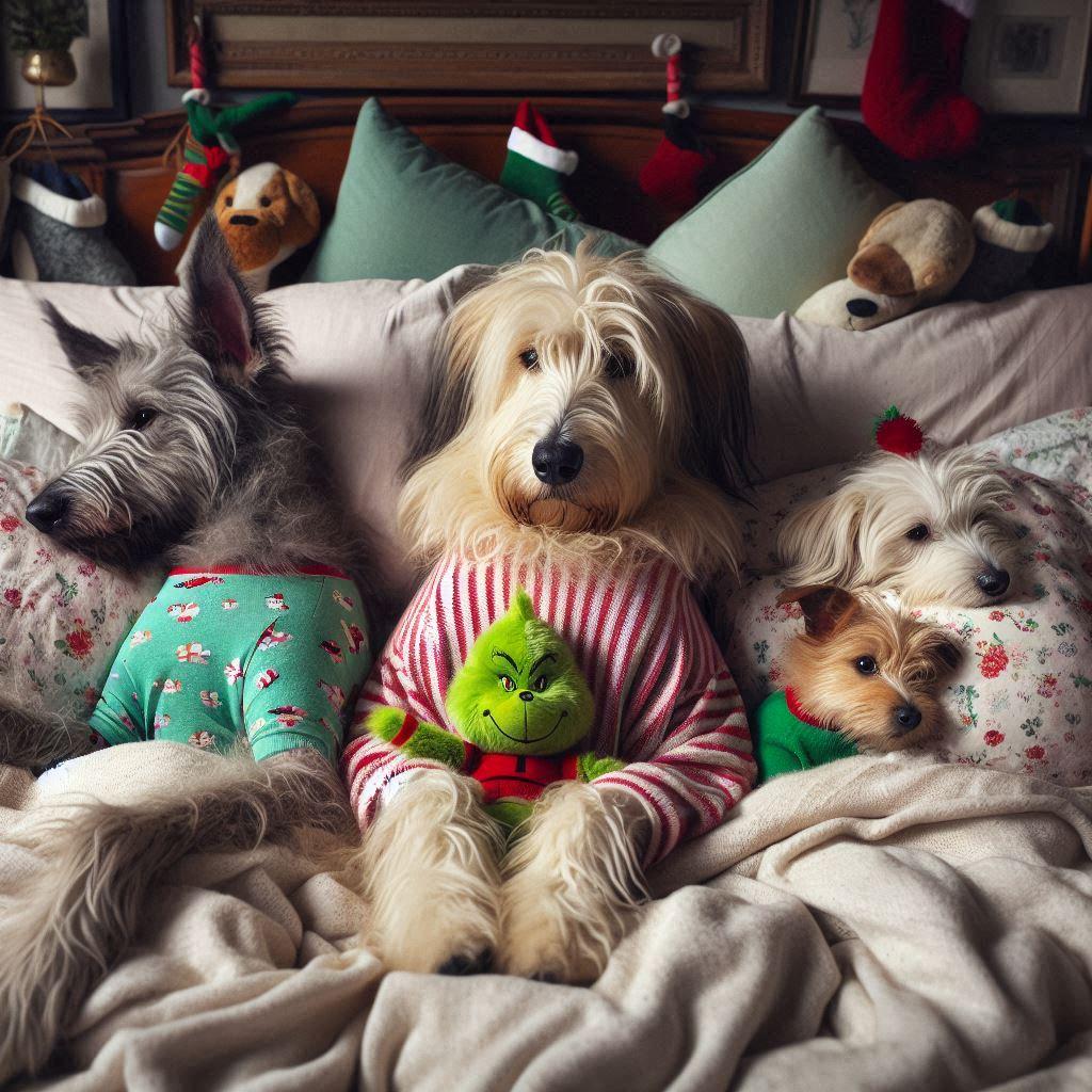 Four dogs in colorful pajamas resting on a bed with Christmas stockings visible in the background
