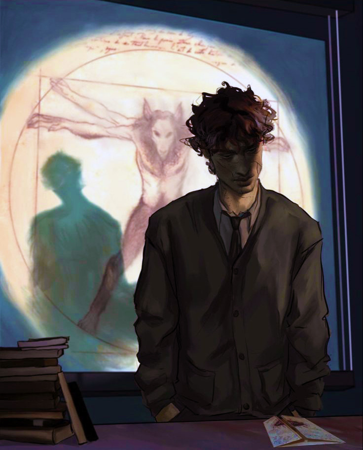 Remus Lupin and werewolf under full moon in dark forest