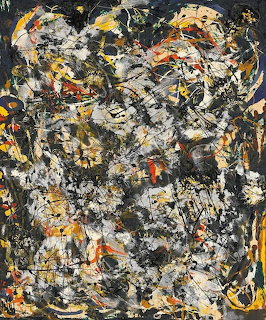Abstract expressionist drip painting with black, white, yellow and orange paint splatters