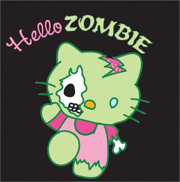 Cute zombie cat character with skull face and pink bow on black background