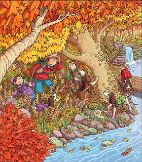 Cartoon illustration of children hiking through a colorful autumn forest near a stream with fall leaves