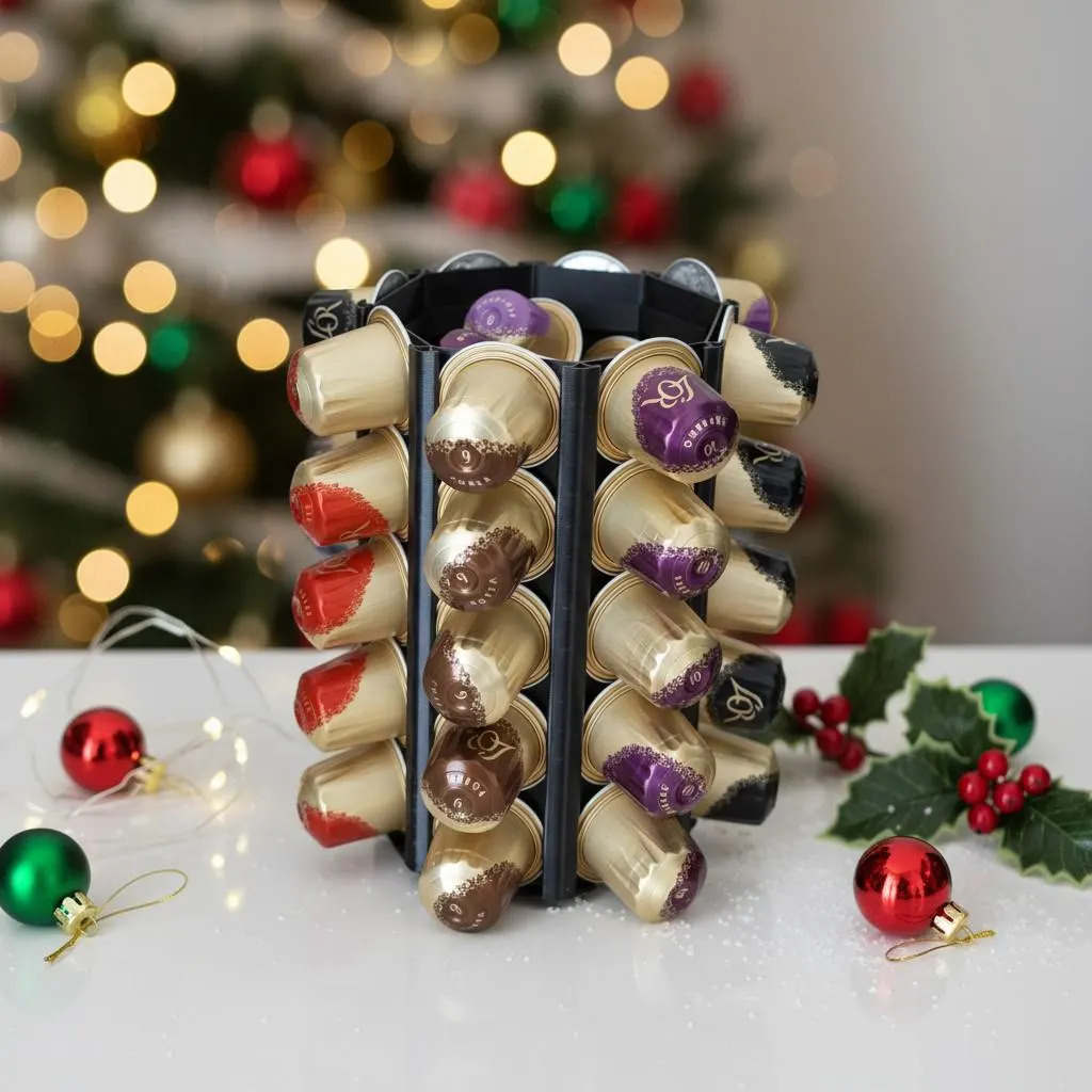 Festive coffee capsules arranged upright with Christmas ornaments and blurred tree lights in the background