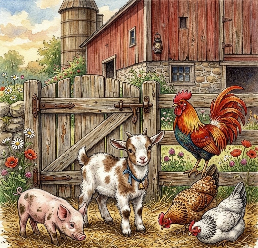 Farm animals including rooster, goat, pig and chickens near red barn with wooden fence