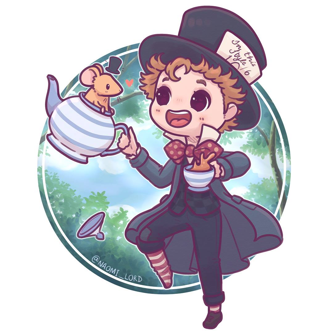 Chibi Mad Hatter illustration holding a teapot and teacup with a small mouse on the teapot